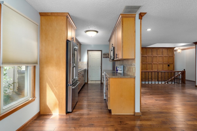 kitchen featuring dark wood-type flooring, stainless steel appliances, a textured ceiling, and tasteful backsplash