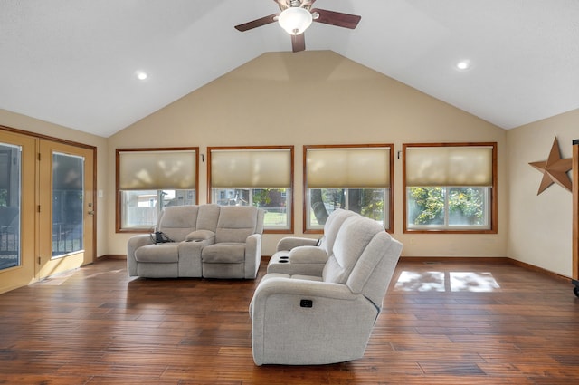 living room featuring high vaulted ceiling, dark wood-type flooring, plenty of natural light, and ceiling fan