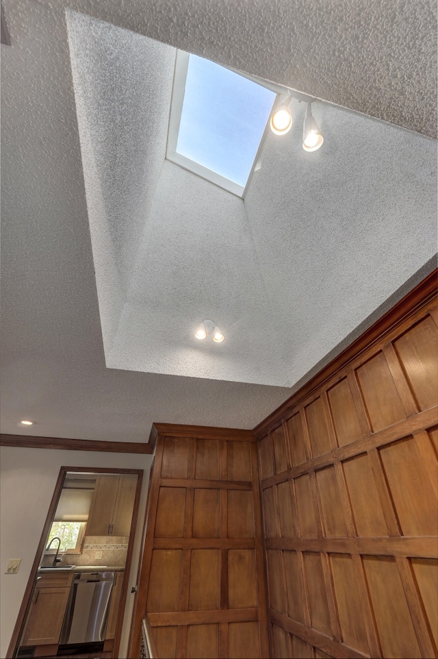 details featuring stainless steel dishwasher, a textured ceiling, a tray ceiling, and a skylight