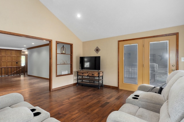 living room featuring crown molding, high vaulted ceiling, and dark hardwood / wood-style flooring