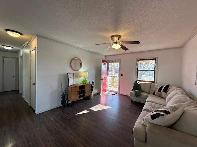 living room with crown molding, dark wood-type flooring, ceiling fan, and a textured ceiling