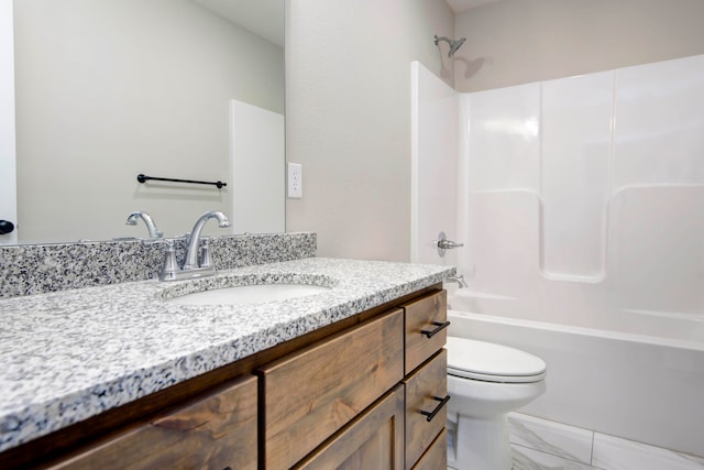 full bathroom with vanity,  shower combination, and toilet