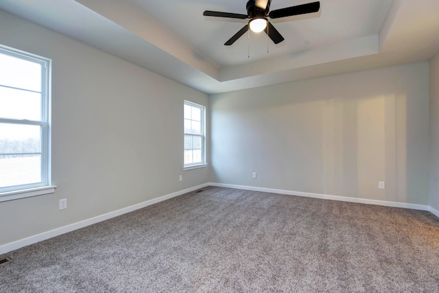 empty room with carpet, a raised ceiling, and ceiling fan