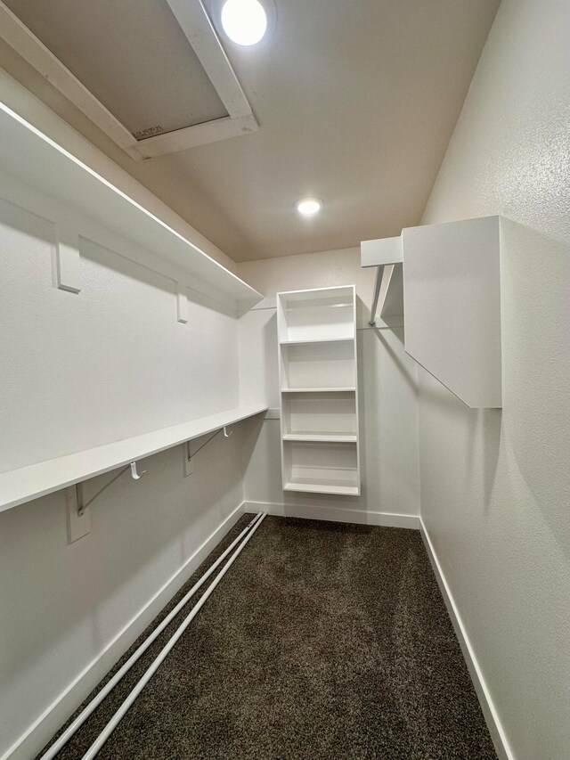 spacious closet featuring dark carpet