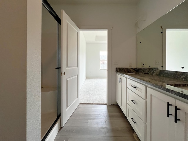 bathroom featuring vanity, walk in shower, and hardwood / wood-style floors