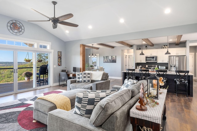 living room featuring ceiling fan with notable chandelier, vaulted ceiling with beams, and dark hardwood / wood-style floors