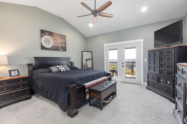 bedroom with ceiling fan, french doors, lofted ceiling, access to outside, and light carpet