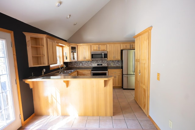 kitchen with plenty of natural light, stainless steel appliances, sink, and kitchen peninsula