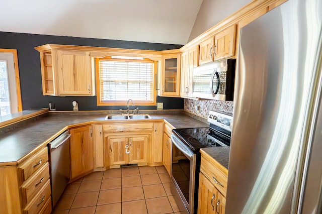 21620 County Road 232, Hermitage, MO 65668 - kitchen featuring lofted ceiling, stainless steel appliances, light brown cabinetry, and a sink