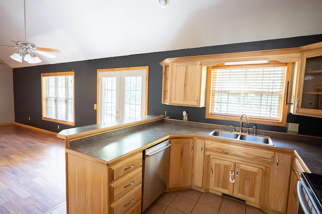 21620 County Road 232, Hermitage, MO 65668 - kitchen with dark countertops, a sink, ceiling fan, stainless steel appliances, and a peninsula