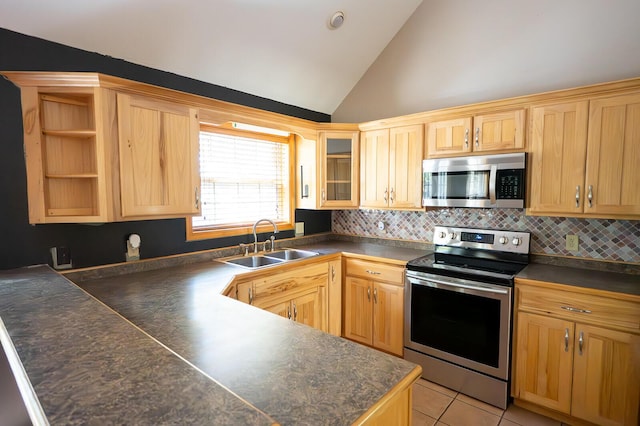21620 County Road 232, Hermitage, MO 65668 - kitchen featuring dark countertops, open shelves, stainless steel appliances, and a sink