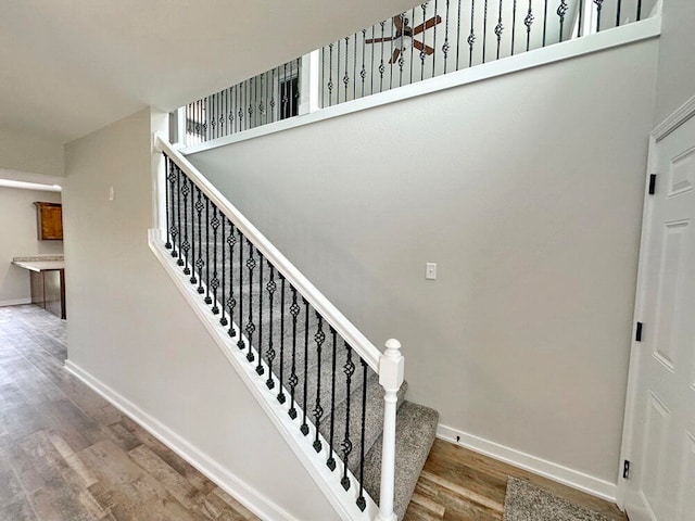 stairway with hardwood / wood-style floors