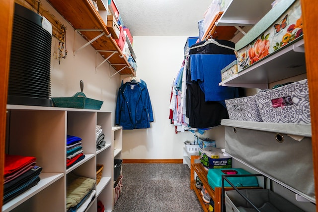 walk in closet with dark colored carpet