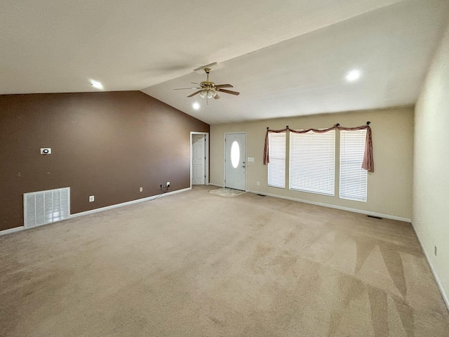 221 Beachwood St, Theodosia, MO 65761 - spare room featuring light carpet, visible vents, baseboards, lofted ceiling, and a ceiling fan