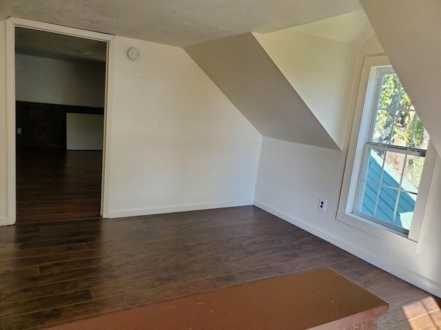 additional living space with lofted ceiling, dark hardwood / wood-style floors, and a textured ceiling