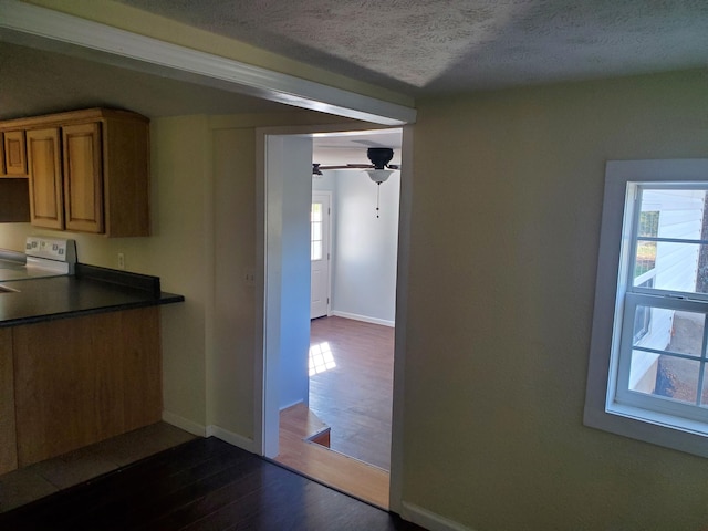 kitchen featuring a textured ceiling, ceiling fan, dark wood-type flooring, and electric stove