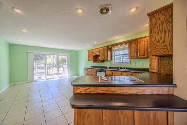 kitchen featuring stainless steel dishwasher, dark countertops, baseboards, a peninsula, and visible vents