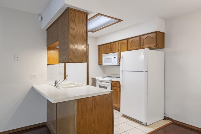 kitchen featuring sink, kitchen peninsula, light hardwood / wood-style floors, a textured ceiling, and white appliances