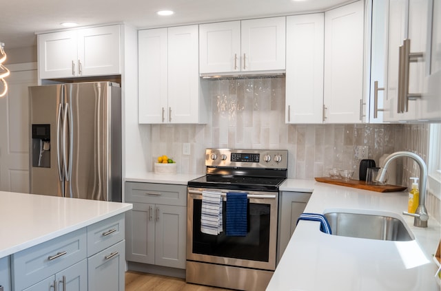 kitchen featuring light hardwood / wood-style flooring, backsplash, sink, white cabinetry, and appliances with stainless steel finishes