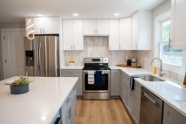 kitchen featuring sink, white cabinetry, gray cabinetry, and stainless steel appliances