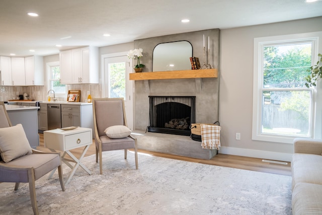 living room featuring light wood-type flooring and a fireplace