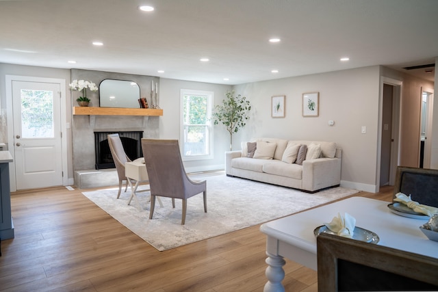 living room with light hardwood / wood-style floors, a fireplace, and plenty of natural light