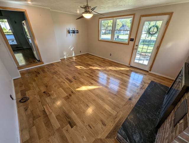 interior space featuring light hardwood / wood-style floors, crown molding, a textured ceiling, and ceiling fan