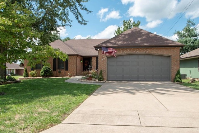 ranch-style house featuring central AC, a front lawn, and a garage