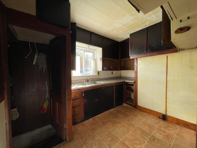 kitchen featuring dark brown cabinetry, sink, and rail lighting