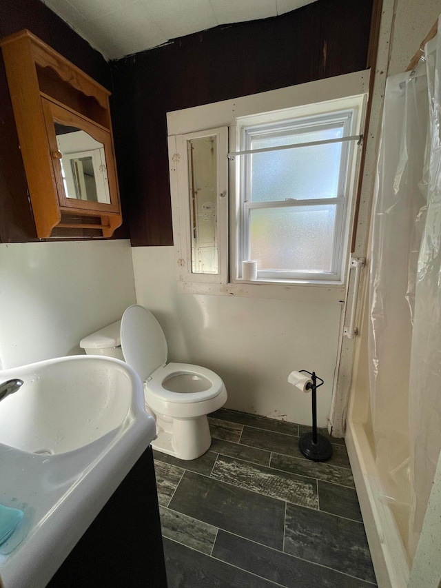 bathroom with vanity, a shower with curtain, and toilet