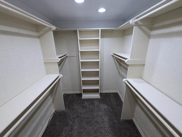 walk in closet with dark colored carpet