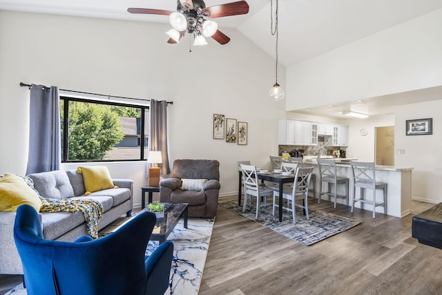 123 River Point Rd Unit 37, Hollister, MO 65672 - living room with high vaulted ceiling, a ceiling fan, wood finished floors, and baseboards