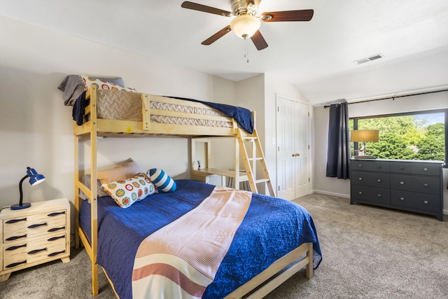 123 River Point Rd Unit 37, Hollister, MO 65672 - bedroom with carpet flooring, vaulted ceiling, a ceiling fan, a closet, and baseboards