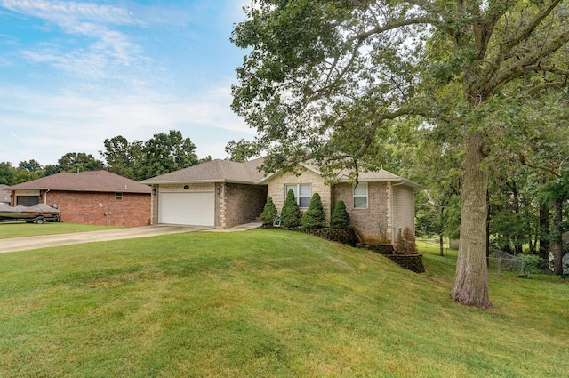 ranch-style home with a front yard and a garage