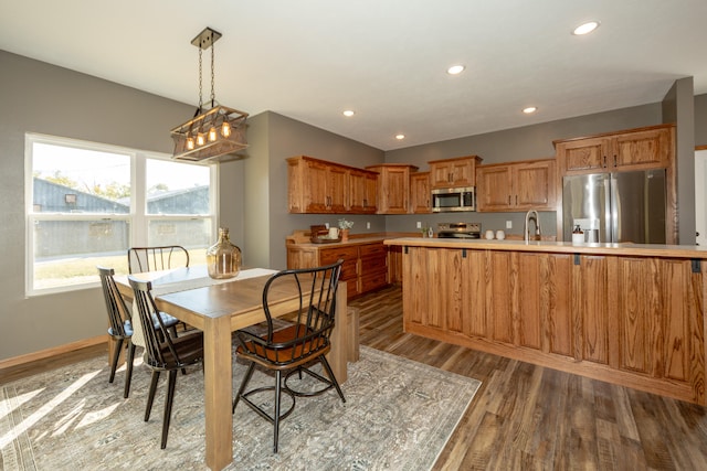 kitchen with sink, pendant lighting, stainless steel appliances, and hardwood / wood-style flooring