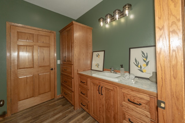 bathroom with vanity and wood-type flooring