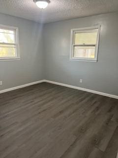 spare room with a textured ceiling and dark hardwood / wood-style floors