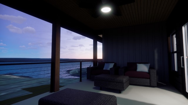 exterior space featuring a water view and ceiling fan