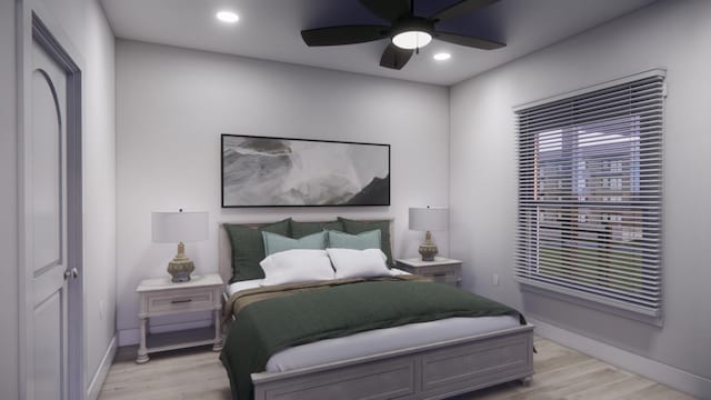 bedroom with recessed lighting, baseboards, ceiling fan, and light wood-style flooring