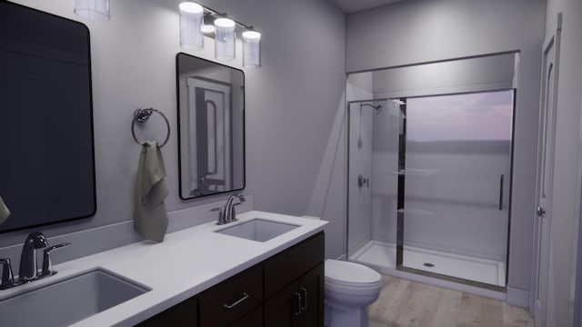 bathroom with a shower with door, hardwood / wood-style flooring, vanity, and toilet