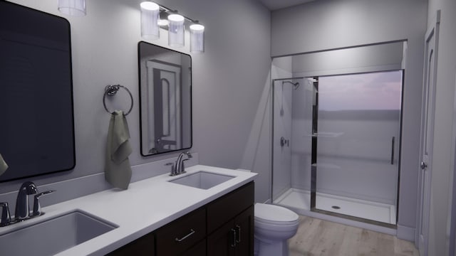 full bath with wood finished floors, a sink, a stall shower, and toilet