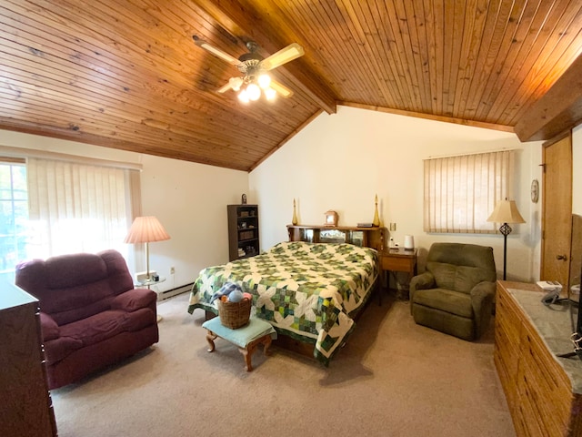 bedroom featuring light carpet, wood ceiling, vaulted ceiling with beams, and ceiling fan