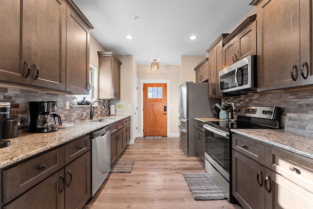 kitchen with backsplash, sink, light wood-type flooring, appliances with stainless steel finishes, and light stone counters