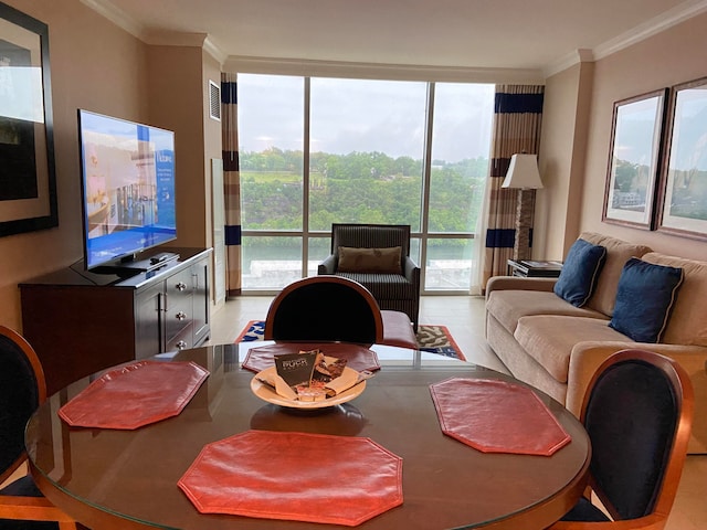 dining room with crown molding, light tile patterned flooring, and floor to ceiling windows