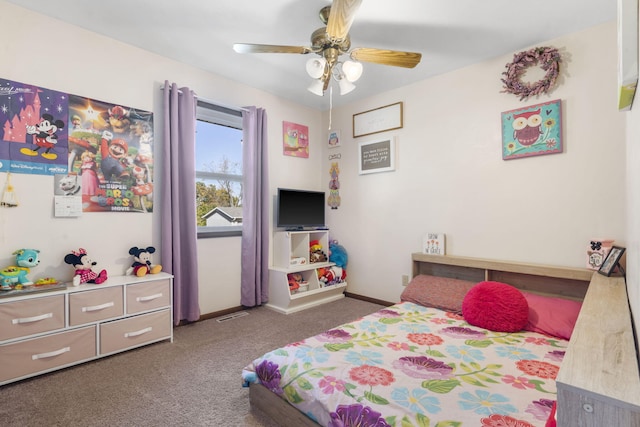 bedroom with ceiling fan and dark carpet