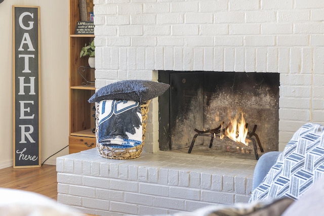 details with hardwood / wood-style flooring and a fireplace