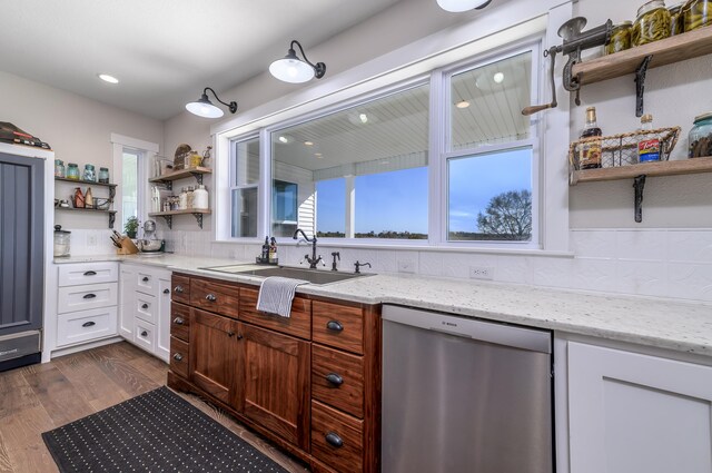 236 N Dade 147, Greenfield, MO 65661 - kitchen with stainless steel dishwasher, open shelves, a sink, decorative backsplash, and recessed lighting