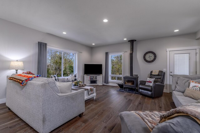 236 N Dade 147, Greenfield, MO 65661 - living room with a wood stove, dark wood-style flooring, recessed lighting, and baseboards