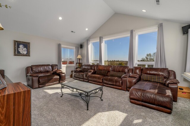 236 N Dade 147, Greenfield, MO 65661 - living area featuring carpet floors, lofted ceiling, and recessed lighting