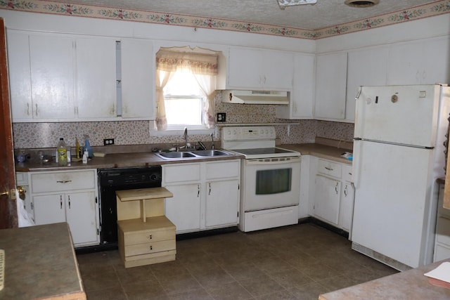 kitchen with white appliances, sink, a textured ceiling, white cabinetry, and range hood